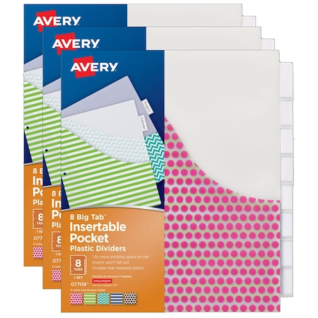 Avery Big Tab Pocket Insertable Plastic Dividers, 8-Tab Set, PK3 7709